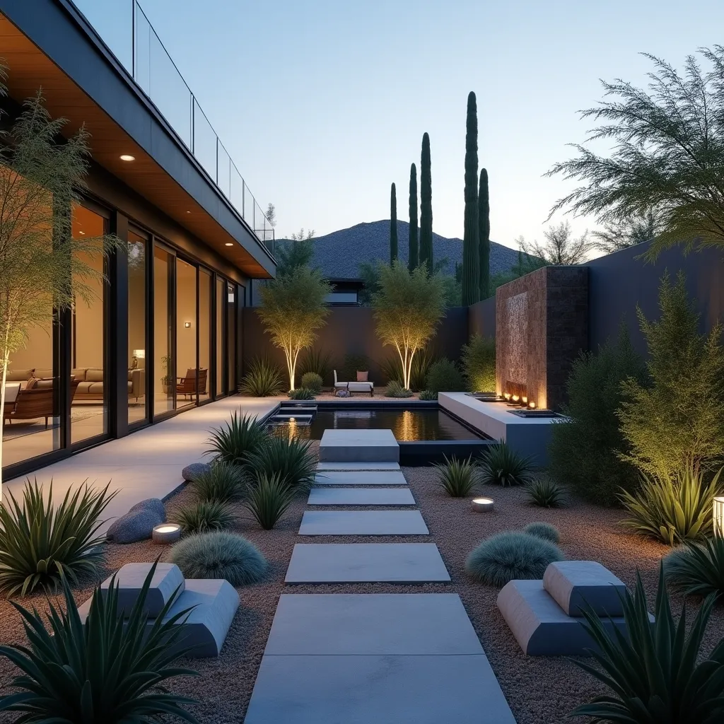 Modern desert garden design featuring a sleek pathway surrounded by drought-tolerant plants and illuminated by soft lighting, showcasing innovative desert garden ideas for a stylish outdoor space.