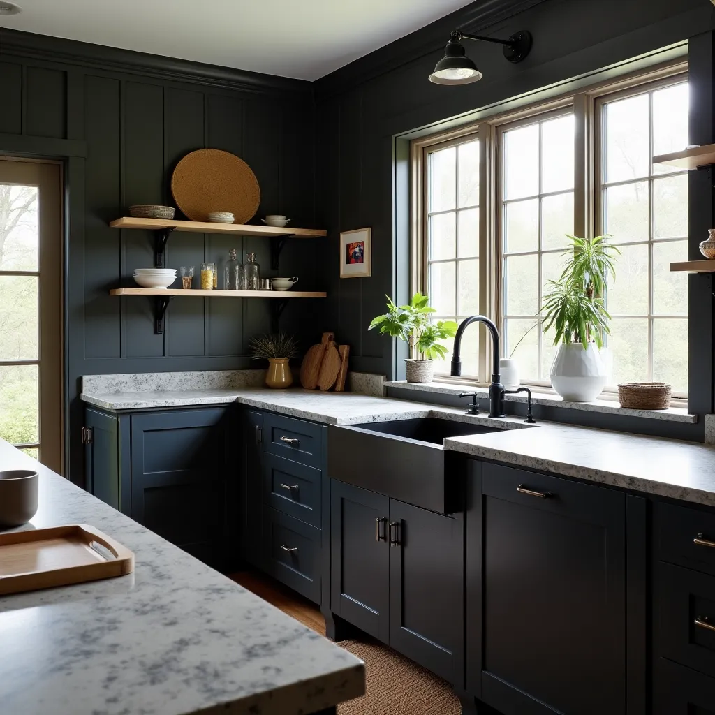 Modern kitchen design featuring black and gray cabinetry with sleek countertops, open shelving, and natural light, showcasing stylish black and gray kitchen ideas for a contemporary home.