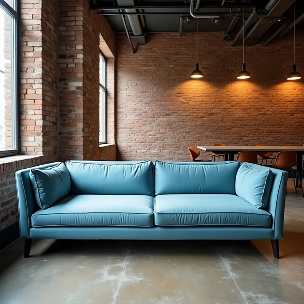 Modern industrial living room featuring a stylish sky blue couch against exposed brick walls, showcasing contemporary sky blue couch ideas for urban interiors.