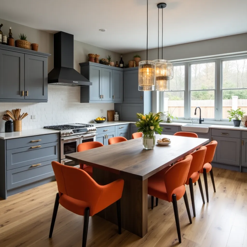Modern kitchen design featuring gray cabinets and vibrant orange chairs, showcasing stylish gray and orange kitchen ideas with a wooden dining table and contemporary lighting fixtures.