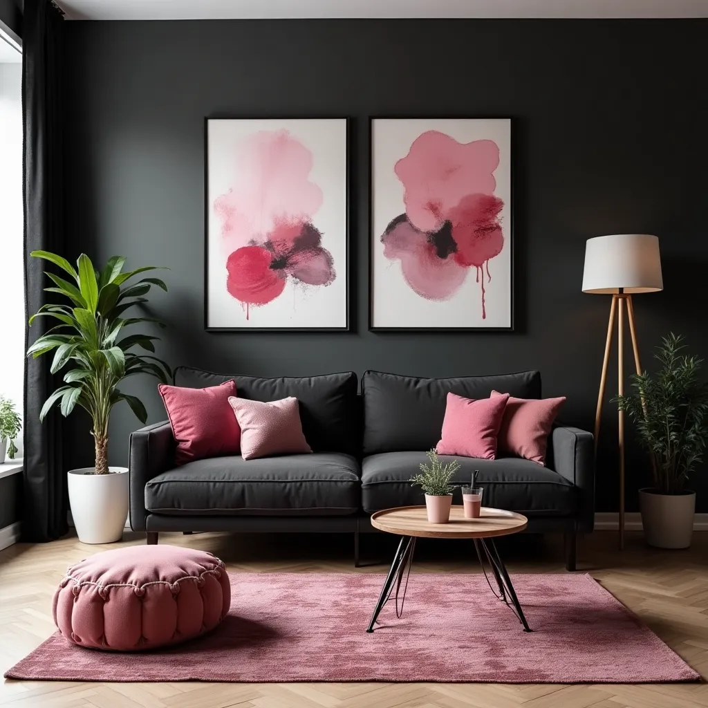Modern black and pink living room featuring a sleek black sofa adorned with pink cushions, complemented by abstract pink artwork on dark walls, a stylish floor lamp, and lush green plants, creating a chic and inviting atmosphere.