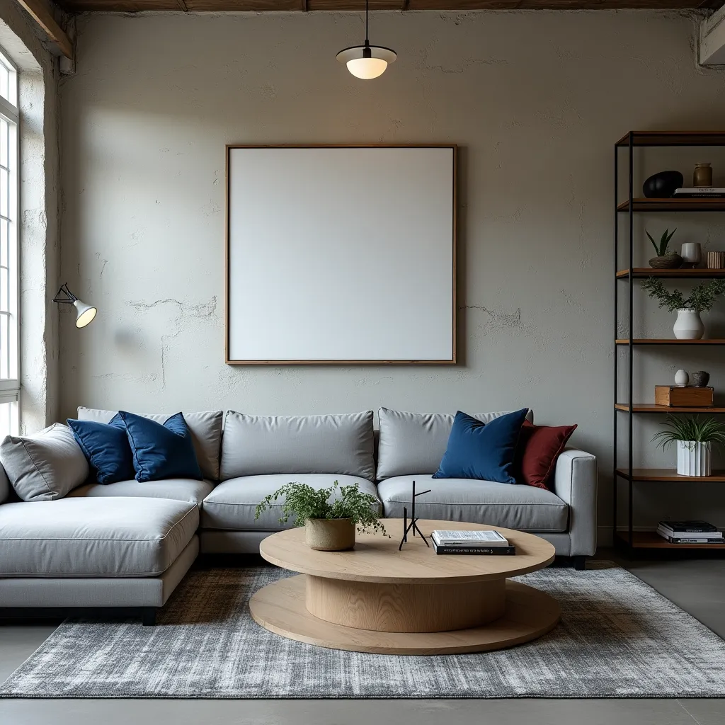 Modern living room featuring a stylish gray sectional sofa adorned with blue and brown accent pillows, complemented by a round wooden coffee table and a textured gray rug, offering elegant brown, blue, and gray living room ideas.