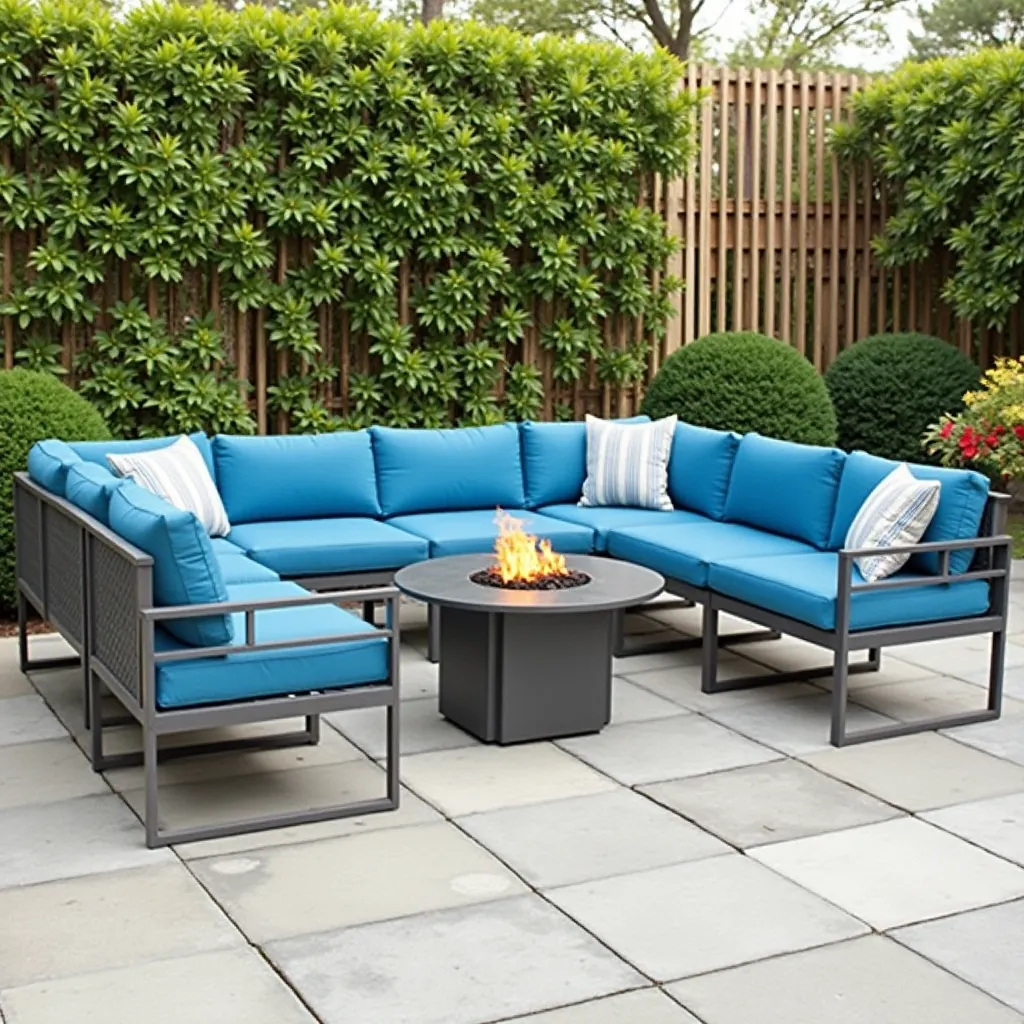 Outdoor patio featuring a stylish blue and gray furniture set, including a modern sectional sofa with vibrant blue cushions and a sleek gray fire pit table, perfect for contemporary backyard design ideas.