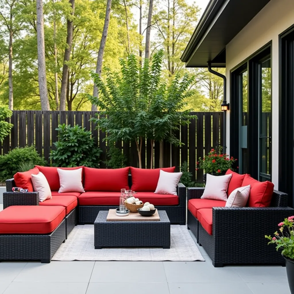 Outdoor patio featuring a stylish red and black interior design with vibrant red cushions on black wicker furniture, surrounded by lush greenery, perfect for modern home design ideas.