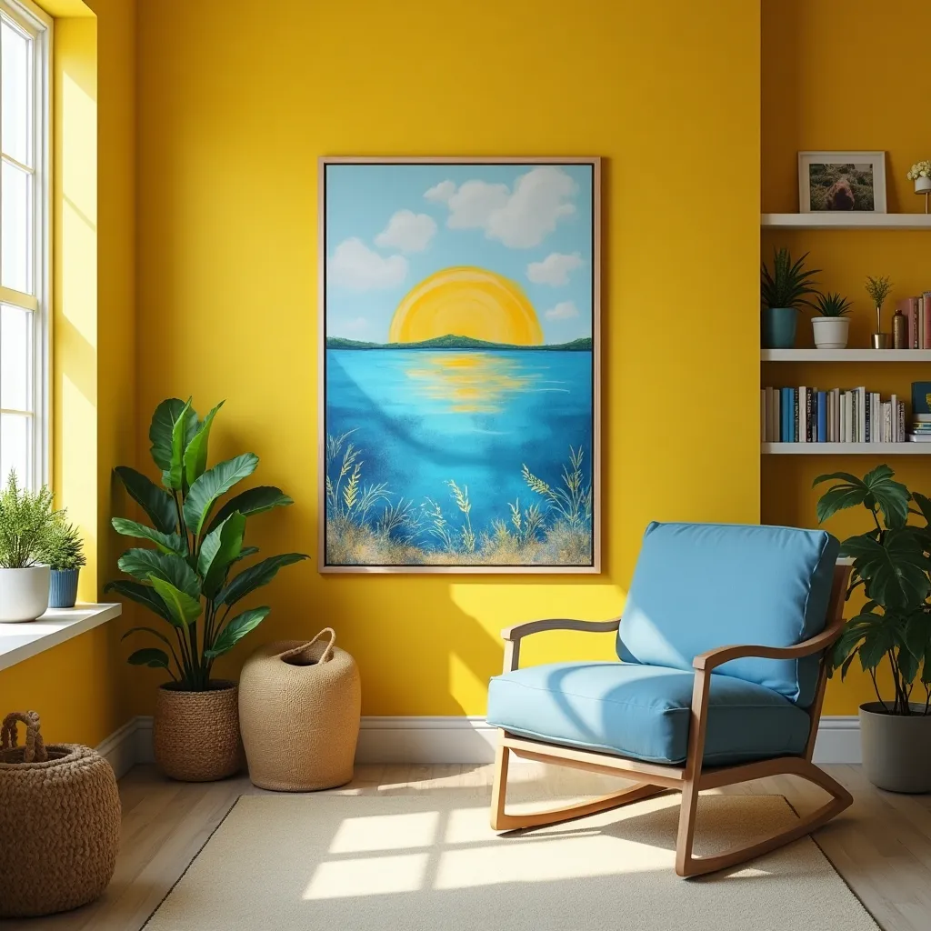 Bright and inviting yellow and blue interior design featuring a cozy blue armchair, vibrant yellow walls, and a stunning painting of a sunlit ocean, complemented by lush green plants and stylish shelving.