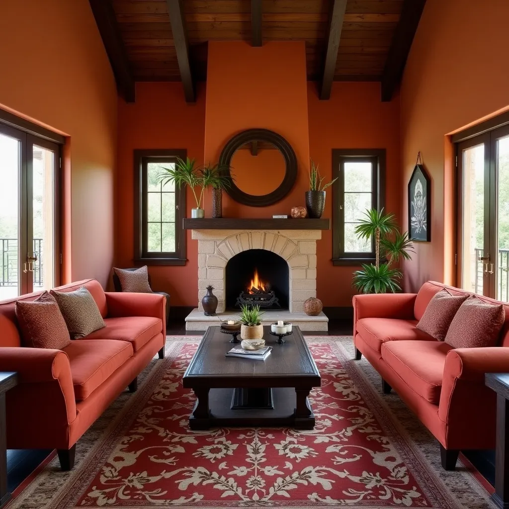 Cozy red and brown living room ideas featuring vibrant red sofas, a rustic brown wooden coffee table, and a warm fireplace, complemented by lush green plants and elegant decor for a stylish and inviting atmosphere.