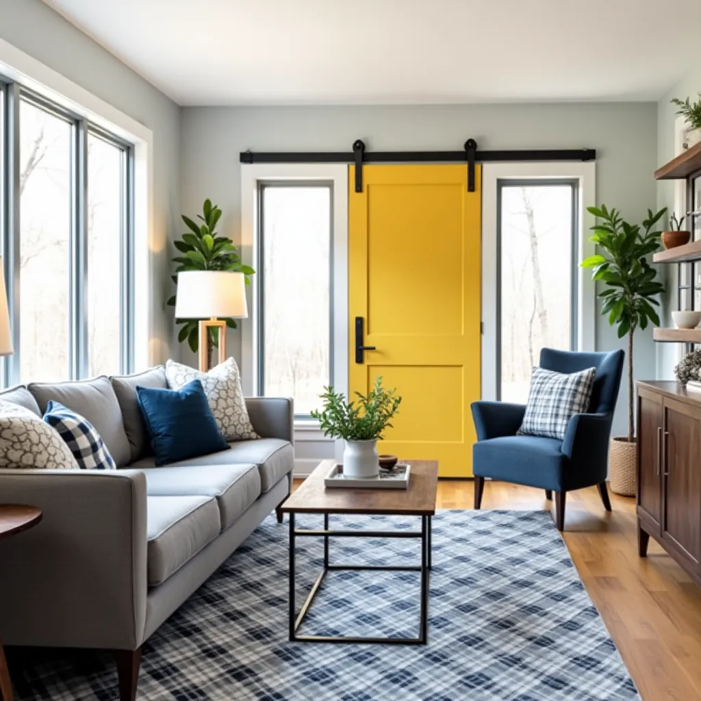 Cozy living room featuring a stylish combination of yellow, gray, and blue elements, including a vibrant yellow barn door, a comfortable gray sofa with blue and patterned cushions, and a chic blue armchair, all complemented by a plaid blue and gray rug and lush green plants for a fresh and inviting atmosphere.