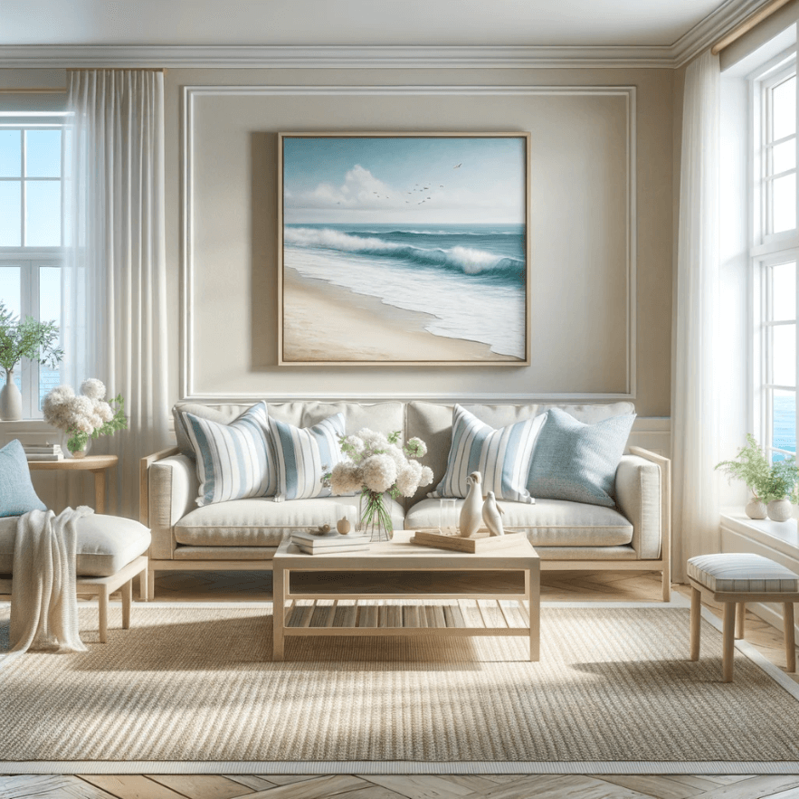 a living room designed in a coastal style