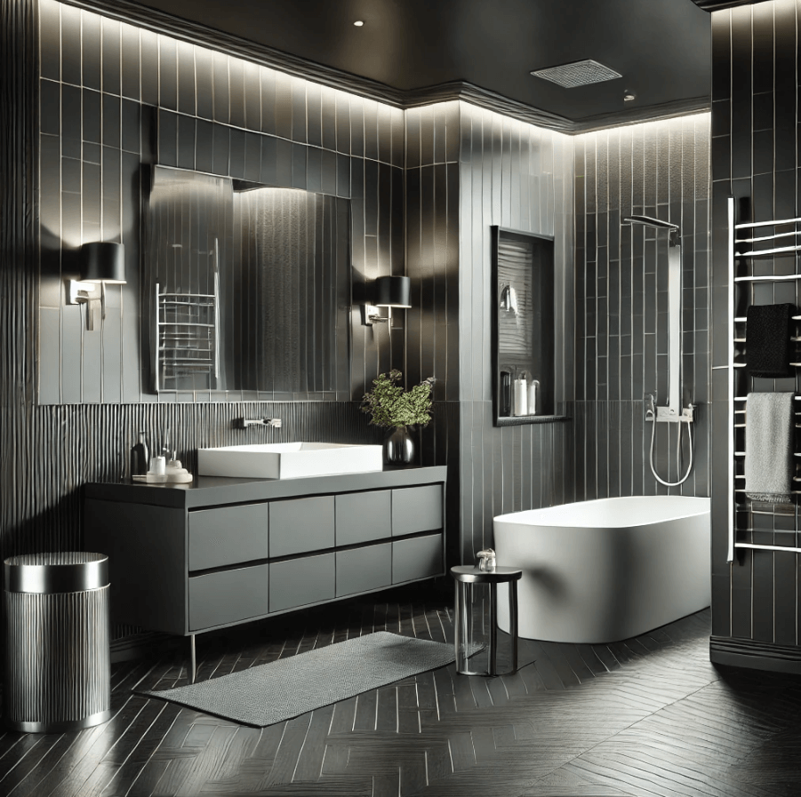 a black and silver bathroom designed in a contemporary style