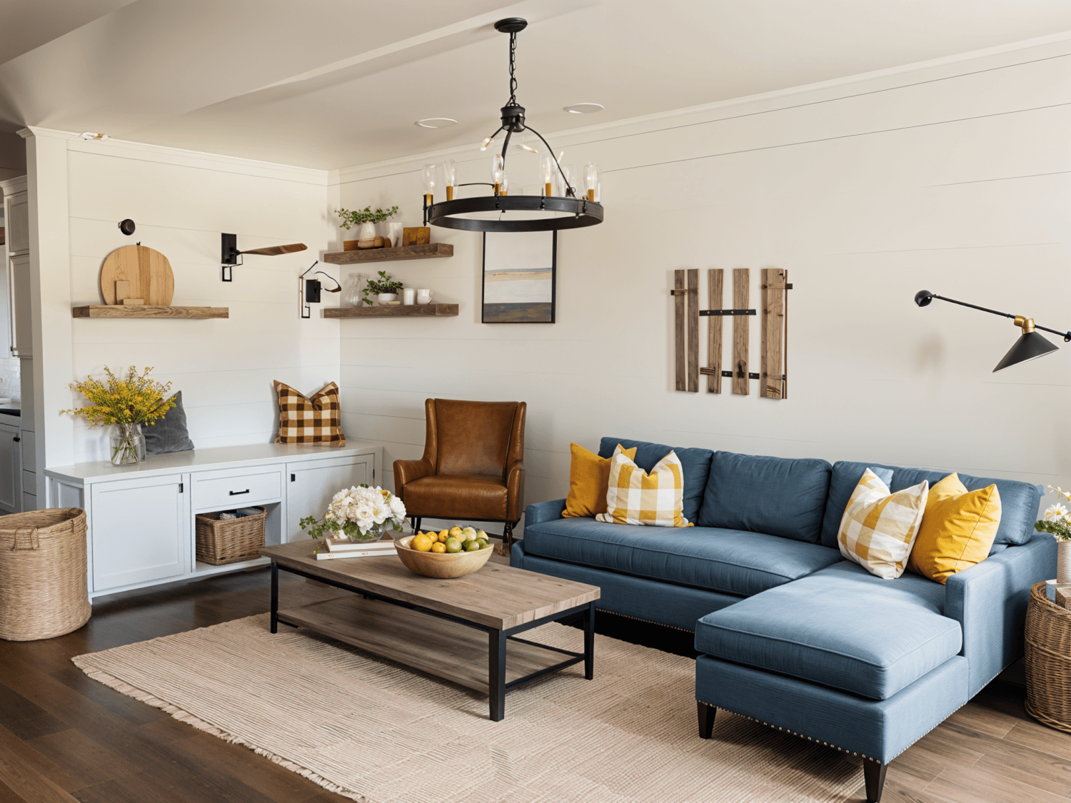 A cozy living room with a blue sectional sofa, leather armchair, wooden coffee table, and rustic decor including wall-mounted shelves and artwork. white cabinetry and warm lighting add to the homey vibe.