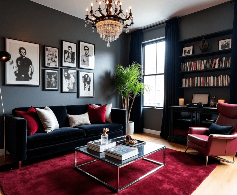 a living room designed in a glam rock style