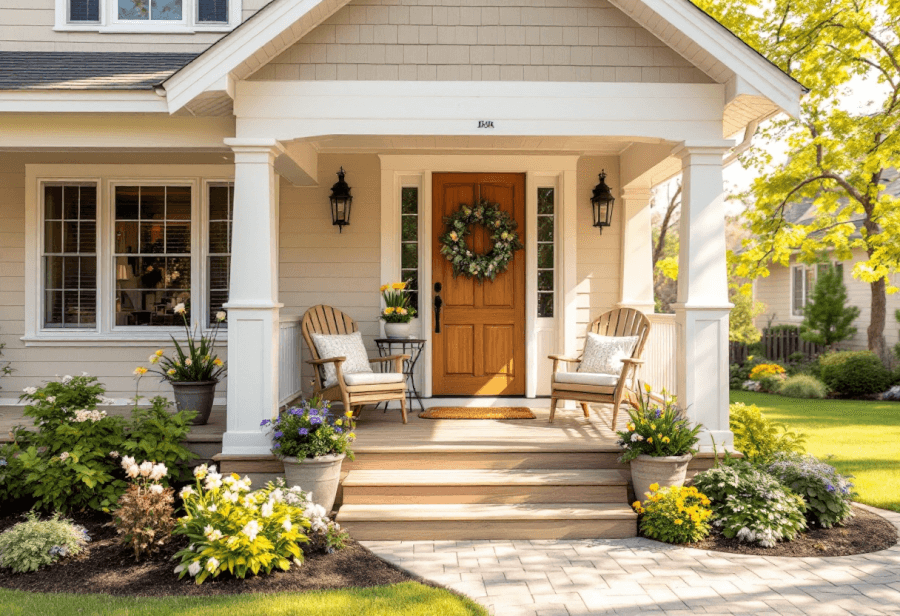 a house with a porch designed in a spring style