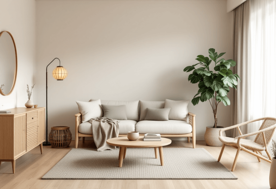 a living room designed in a Japandi style