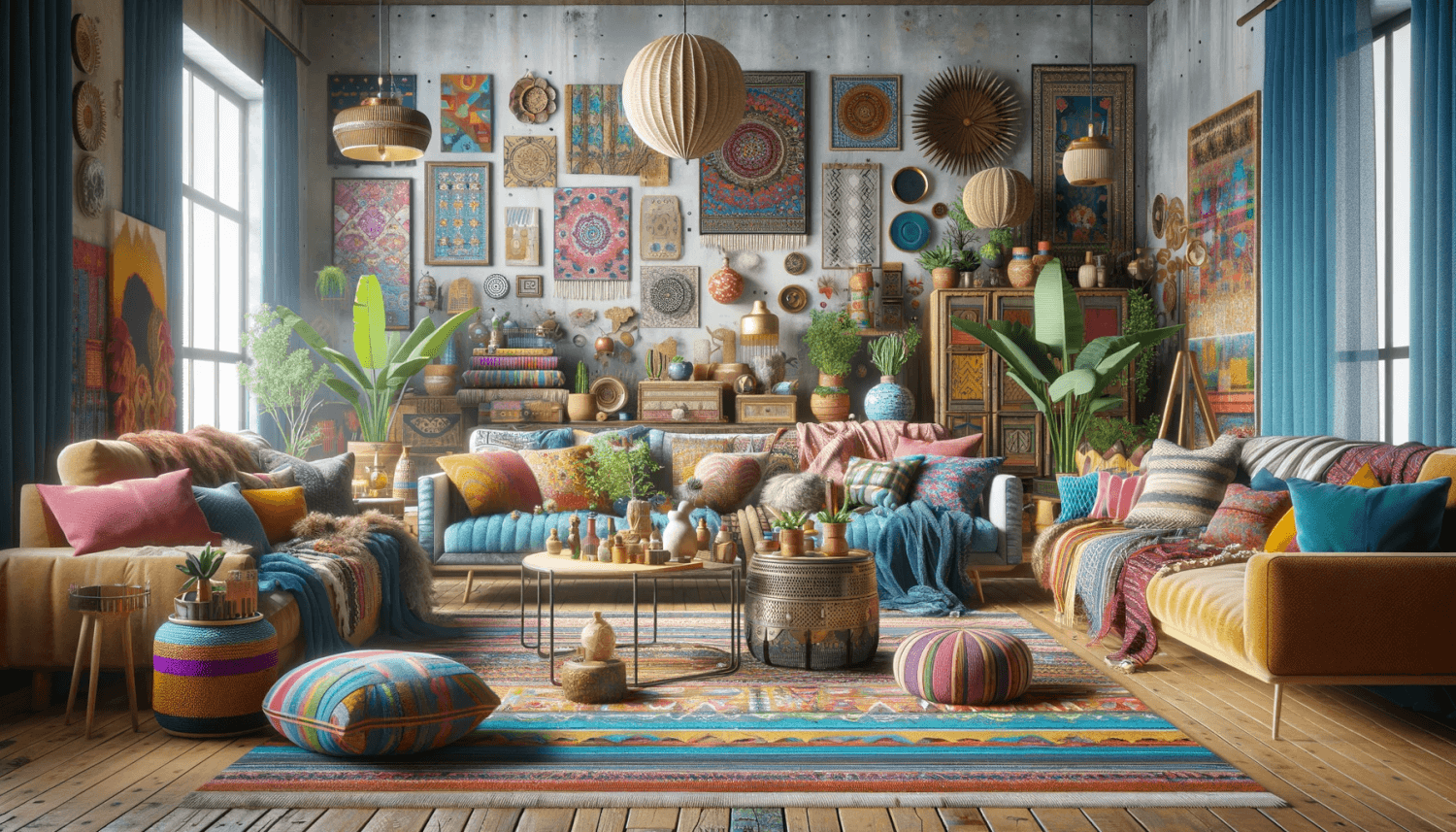 a living room designed in a Maximalist Boho Decor