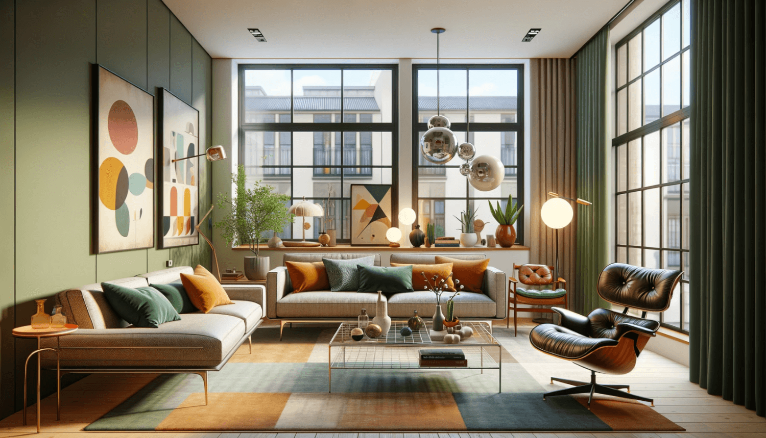 a living room designed in a midcentury style