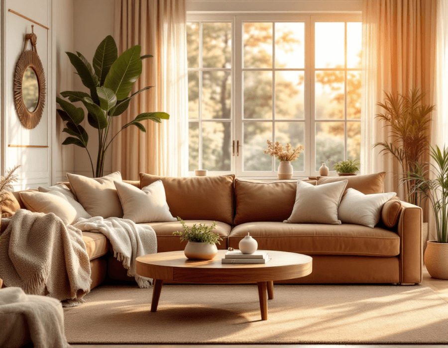 a living room designed in a Mocha Mousse color